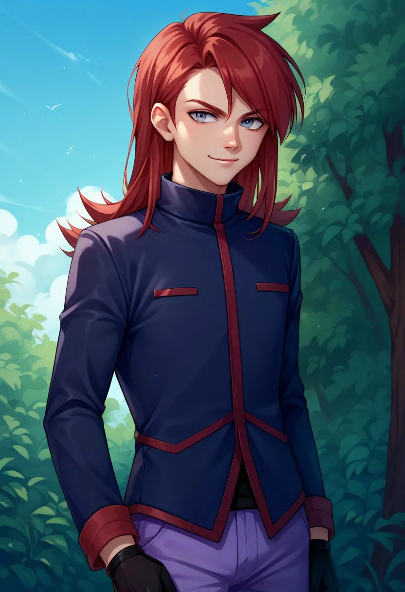 score_9, score_8_up, score_7_up, source_anime, highly detailed,
pokesilv, 1boy, male focus, solo, red hair, long hair, gloves, purple pants, grey eyes, upper body, pants, black gloves, standing, jacket, smirk,
outdoor, tree, sky,