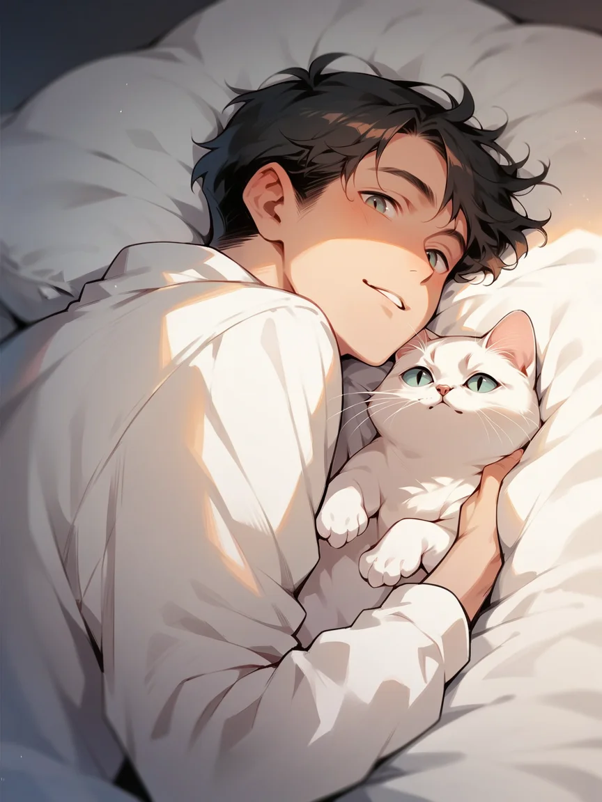 score_9, score_8_up, score_7_up, score_6_up,  <lora:p3tl0v3XLP:1> p3tl0v3, 1boy, cat, lying,