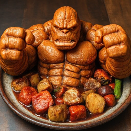A plate of food where the meat takes the shape of The Thing from the Fantastic Four, with rocky, textured skin and large, muscular arms. The meat is intricately detailed to resemble his rugged, orange stone-like appearance, with his fists slightly clenched as if ready for action. The rest of the dish is complemented by roasted vegetables and a rich, savory sauce, served on a rustic plate, evoking a sense of strength and boldness in every bite. Ensure the depiction is natural and pays close attention to accurate textures and lighting throughout the scene), intricate hand-painted details, ultra-realistic textures, award-winning craftsmanship || studio rim lighting, vivid yet tense colors, UHD resolution, rich details, award winning, impactant image, dramatic pose