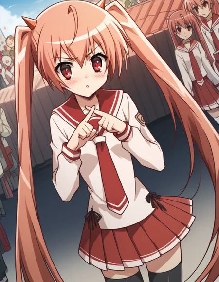 score_9, score_8_up, score_7_up, source_anime, <lora:aria-holmes-kanzaki-s1-ponyxl-lora-nochekaiser:1>, aria holmes kanzaki, long hair, red eyes, twintails, pink hair,, skirt, thighhighs, school uniform, serafuku, zettai ryouiki, white shirt, long sleeves, red sailor collar, necktie, red necktie, red skirt, pleated skirt,, street market, vendor, street food, bustling crowd, local flavor, vibrant, , <lora:x-fingers-ponyxl-lora-nochekaiser:1>, x fingers, blush, parted lips,, looking at viewer, solo,, dutch angle, cowboy shot