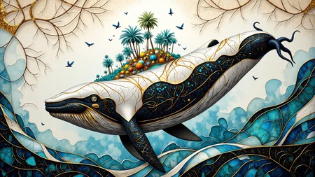 A sumptuous mixed media artwork depicting white-toned tropical islet on the back of a whale, steampunk, intricate black and azure filigree, damaged, billowing dark glitter, very detailed. The overall feel of the image is painterly. Additionally the image incorporates flowing lines and a very fine network of branching golden cracks. The general effect is of timeless fine art elegance. <lora:golden_cracks_on_white_Flux:0.5> <lora:BlackColor:0.5> <lora:midjourney_whisper_chromaplex_v1:0.5>