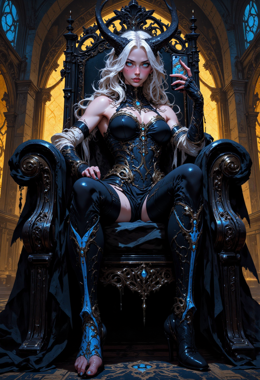 Image is a digital fantasy artwork featuring a female character with a striking appearance. She has pale skin and glowing blue eyes, with white hair styled in loose waves. Her attire is a black, intricately designed corset with matching gloves and thigh-high boots, both adorned with glowing blue patterns. She is seated on an ornate, dark leather chair, holding a smartphone in one hand. Her expression is confident and composed. The background is a dimly lit room with gothic architecture, featuring arched windows and a warm, ambient glow. The character has prominent black horns and a necklace with a glowing blue gem, adding to her mystical and otherworldly presence.
<lora:Anime v1.3:0.5> <lora:VividlySurreal:0.5> <lora:FLUX-daubrez-DB4RZ-v2:0.45> <lora:FluxMythP0rtr4itStyle:0.7>