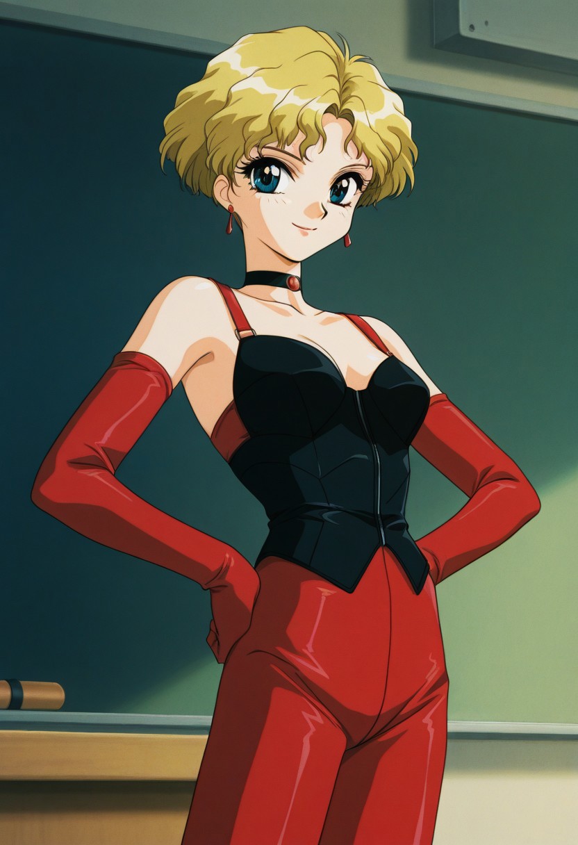 score_9, score_8_up, score_7_up, source_anime,masterpiece, best quality, retro_artstyle, 1990s_\(style\),official art,a girl,1990s_(style), Regina, blue_eyes, blonde_hair, short_hair, choker, Red_bodysuit_with_bare_shoulders, black_leather_bustier,(detailed face and eyes,smile),(hands on hip,cowboy shot),close to viewer,classroom