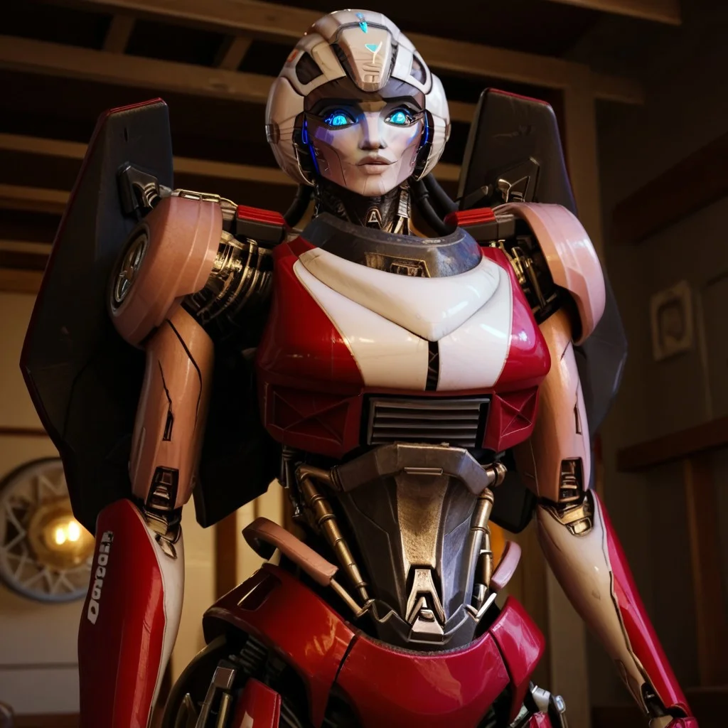 score_9, score_8_up, score_7_up, screencap, detailed eyes, arceerotb, autobot, 1girl, red and white body, mechanical parts, robot, helmet-like head, robotic face, glowing blue eyes, autobot symbol on forehead, fairing-like chest, wheels on back, 'ducati' printed on right leg, narrow waist, unique pose, sunny, arms crossed, unique angle, waist-up view