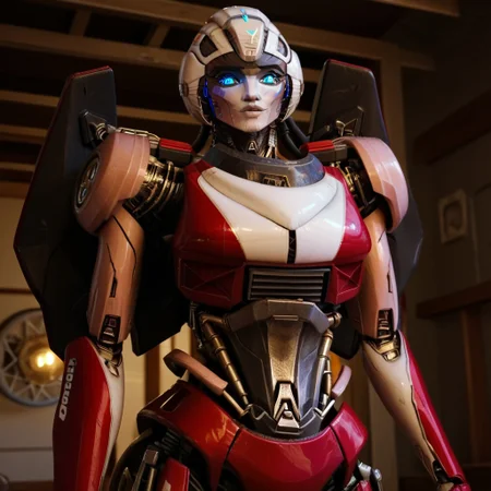 score_9, score_8_up, score_7_up, screencap, detailed eyes, arceerotb, autobot, 1girl, red and white body, mechanical parts, robot, helmet-like head, robotic face, glowing blue eyes, autobot symbol on forehead, fairing-like chest, wheels on back, 'ducati' printed on right leg, narrow waist, unique pose, sunny, arms crossed, unique angle, waist-up view