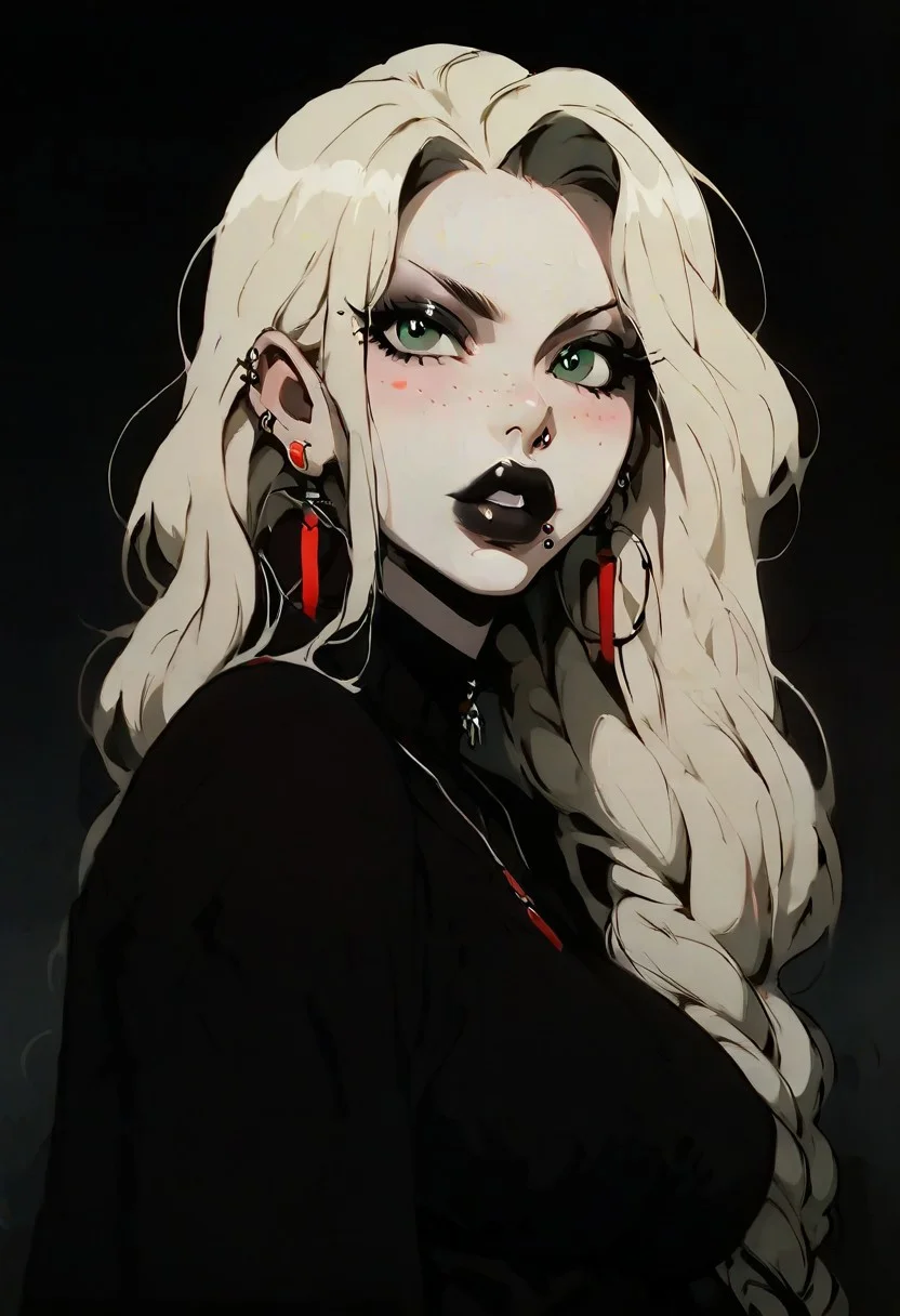 1girl, Kalluto Zoldyck, ((Goth Girl with very pale skin)), black eyeliner , black lips, big breasts, big ass, thick lips, big lips, large lips, bimbo lips, enormous lips, big thighs ,excessive pubic hair, plump, abs, wide hips, thick thighs, huge round ass, puckering lips, pouting face, (((blond hair))), two tone hair,
lip piercings, multiple ear piercings, navel piercings,
score_9, score_8_up, score_7_up, score_6_up, source_cartoon, rating_explicit
The background is a goth style bedroom, lilandavastyle,
perfect slim figure, red earrings, blonde, big ass, long braid, big breast, red high top shoes, blush stickers, makeup eyelids, freckles on the face, green eyes, a strand of long hair above the temples, excessive pubic hair, hairy stomach, hairy armpits, happy trail, skin dentation