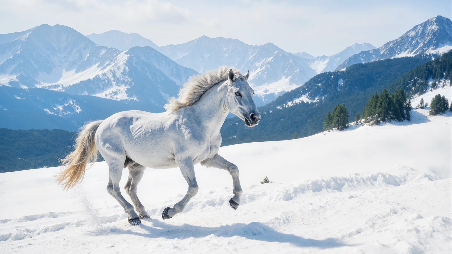 A white horses running through snowy mountains in winter,mid-range shot,realistic photography style. Sunlight shines on the snow-covered ground,with snowflakes kicked up by its hooves. The background features rolling snow-covered mountains and sparse pine trees,with crisp details and a cool color palette to emphasize the cold atmosphere.,<lora:kmountains-01:0.8>,kmountains,