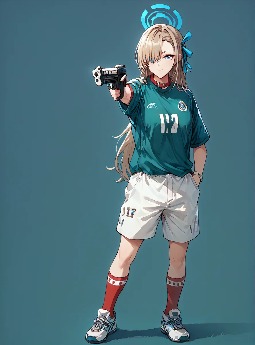 perfect eyes,high quality,highres,zPDXL3 BREAK score_7_up,source_anime,score_8_up,score_9,simple background,<lora:asuna-ichinose-ponyxl-lora-nochekaiser:1>,asuna ichinose,blonde hair,blue eyes,hair bow,hair ornament,hair over one eye,halo,long hair,mole,mole on breast,mechanical halo,shorts,((1girl)),2d,solo,<lora:YusufDikecGunPose_pdxl_Incrs_v1:1>,holding weapon,holding gun,handgun,hand in pocket,aiming,full body,<lora:Mexico_2002_Jersey:0.8> mexico02, sportswear, soccer uniform, white shorts, red collar, dark green jersey, red socks,