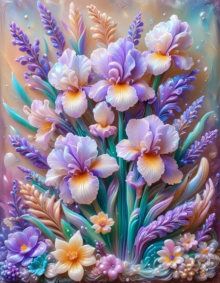 floral still life with irises, irises, lavender <lora:PinkieIriJllySDXL-v1:0.8> made out of iridescent jelly p1nk1r1j3lly <lora:novuschroma54 style:0.9> novuschroma54 style