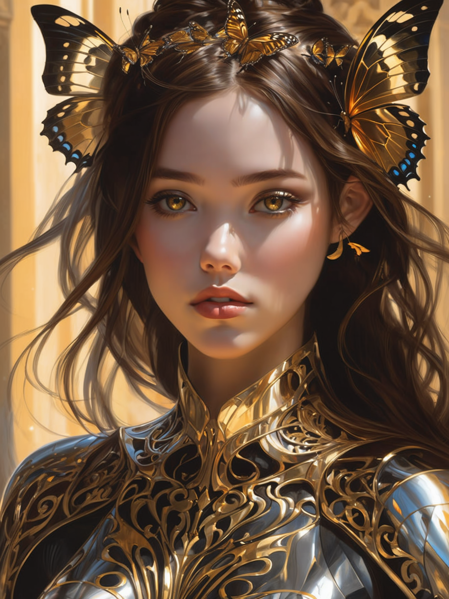 Sam Yang WLOP Artgerm Greg Rutkowski, 8k portrait of beautiful cyborg with brown hair, intricate, elegant, highly detailed, majestic, digital photography, art by artgerm and ruan jia and greg rutkowski surreal painting gold butterfly filigree, broken glass, (masterpiece, sidelighting, finely detailed beautiful eyes: 1.2), hdr, realistic, high definition