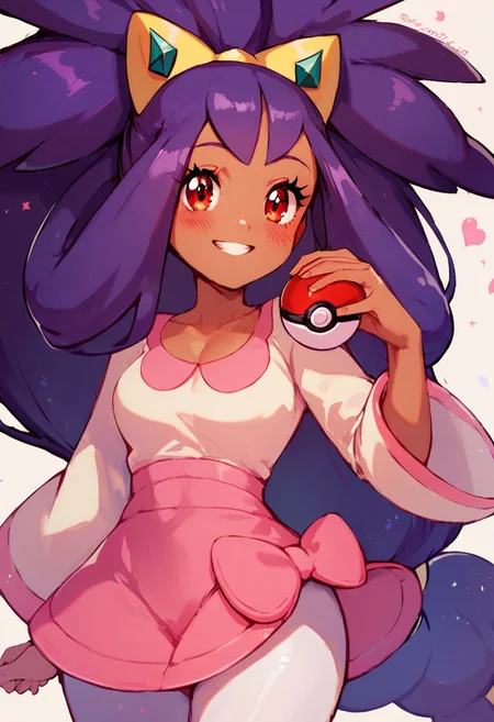 score_9, score_8_up, score_8, (curvy), cute, eyelashes,
iris \(pokemon\), purple hair, long hair, red eyes, dark skin, big hair,
hair ornament, white leggings, long sleeves, miniskirt, pink skirt, holding pokeball, smile, blush,
upper body, detailed eyes,