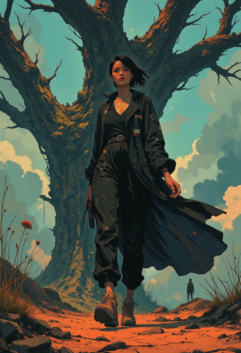 ((anime, cyberpunk, DB4RZ, DB4RZ style painting, in the style of cksc)) -- A hyper-detailed artwork of an androgynous figure radiating elegance amidst a surreal, apocalyptic dreamscape. Their light brown complexion and dark, slicked-back hair reflect the soft, moody light that dances across their face. They wear a flowing, oversized black blazer and loose black pants, the fabric swaying fluidly as they strike a dynamic pose with one leg raised and bent at the knee, exuding motion and bold confidence. Behind them looms a dramatic, stormy sky painted in chaotic swirls of deep blues and grays, its intensity mirrored by the jagged, gnarled silhouette of a twisted tree. The tree’s bark, textured with moss and cracks, stretches outward in haunting, skeletal branches, set against a desolate foreground of cracked reddish-brown earth and sparse, brittle grass. The interplay of smooth, flowing fabrics against rugged, tactile terrain creates a stunning visual contrast. Dramatic lighting casts sharp, elongated shadows across the scene, heightening its intensity, while the stormy atmosphere brims with mystery and tension. The figure’s powerful presence harmonizes fashion and narrative in a vivid cyberpunk-inspired world.