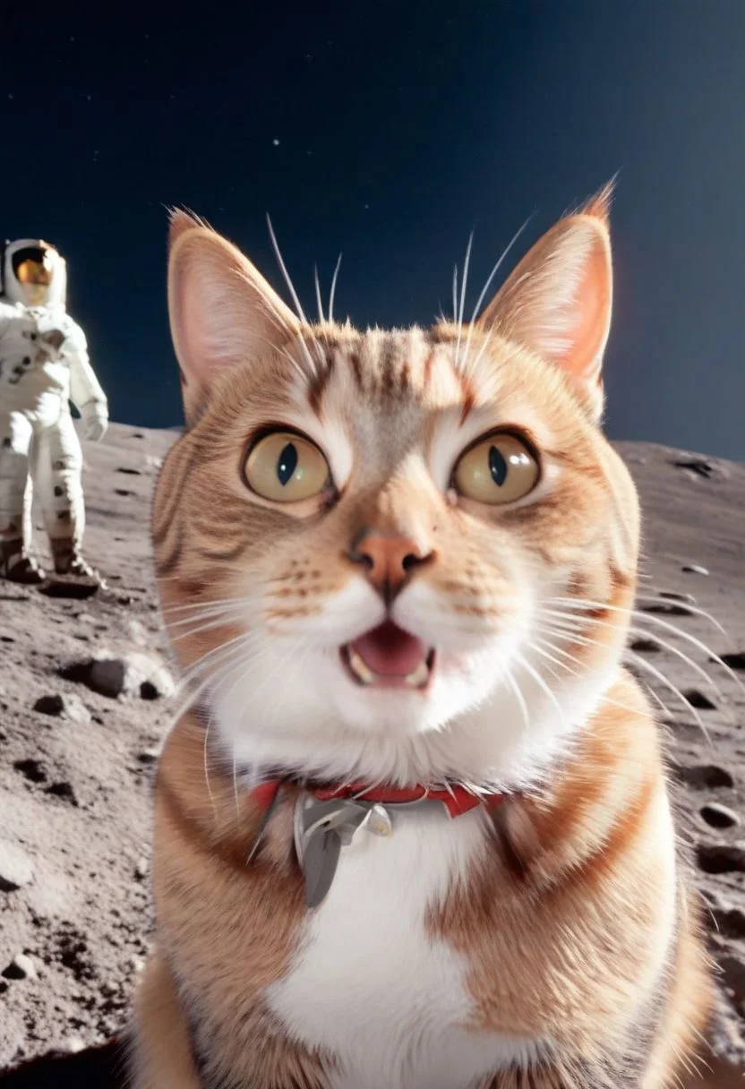 ASCII,masterpiece, hyper detailed, 8k, ray tracing, ultra sharp,
cinematic film still anime artwork, cfb ,close up of a surprised and shocked cat foreground, a mission apollo on the moon background, vibrant, highly detailed, shallow depth of field,,cinemascope, moody, epic, gorgeous, film grain, grainy,meme,parody,deep black sky, apollo_style