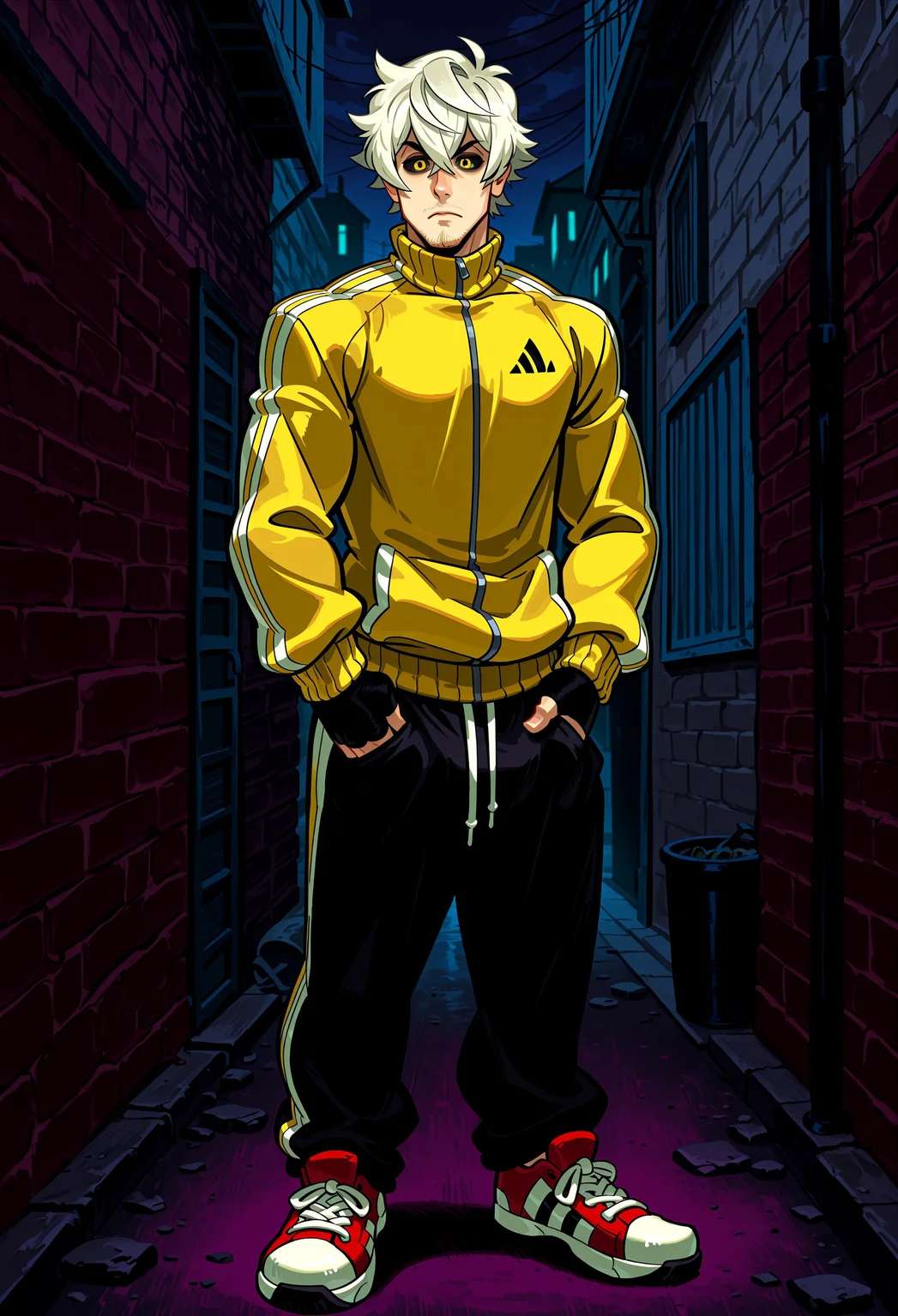 AlexAhad, masterpiece, best quality, hyper-Detailed, 1man, solo, male focus, alone, detailed, naofumi_iwatani ((muscular body, pale fair skin, white hair, hair between eyes, detailed yellow eyes, black sclera, beard stubble,)), ((wearing yellow adidas tracksuit white stripes, black sweatpants, black fingerless gloves, red sneakers)), serious, staring at the viewer, hands in pants pockets, standing, dark alley, night