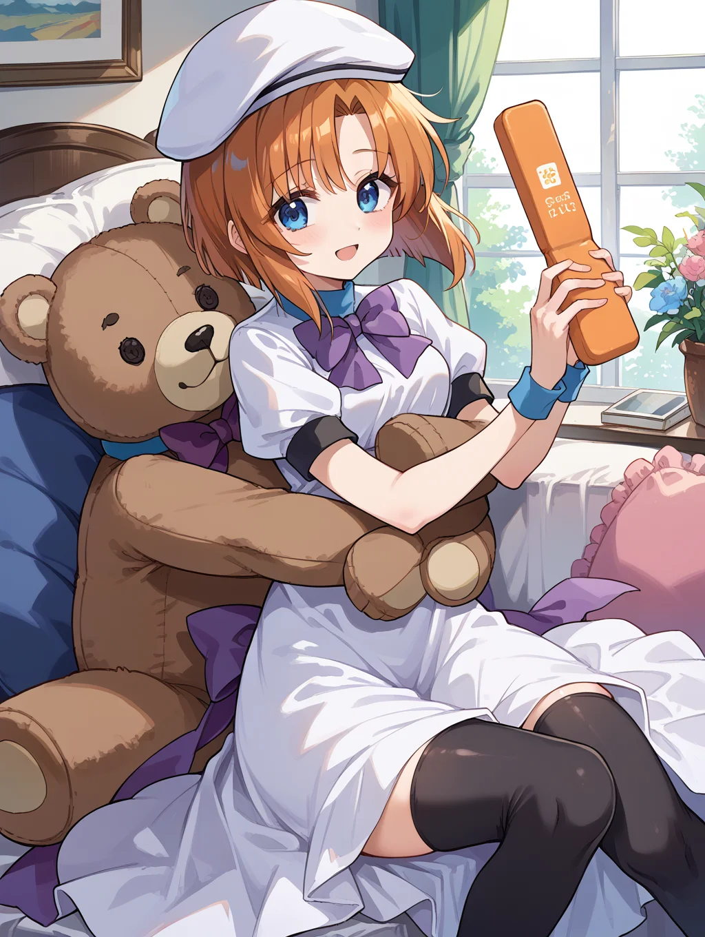 score_9, score_8_up, score_7_up,source_anime,BREAK,
Ryuuguu_rena, beret, black thighhighs, bowtie, dress, hat, puffy short sleeves, puffy sleeves, purple bowtie, short sleeves, thighhighs, white dress
hug, hugging object, teddy bear, 
<lora:Ryuuguu_rena:1>