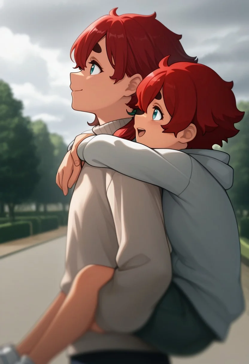 2girls, suletta mercury, ericht samaya, tendou itsuki, looking at another, closed mouth, open mouth, smile, casual, piggyback, walking, outdoors, park, cloudy sky, depth of field, from side, upper body, msgwfmes, arms around neck, masterpiece, best quality, amazing quality