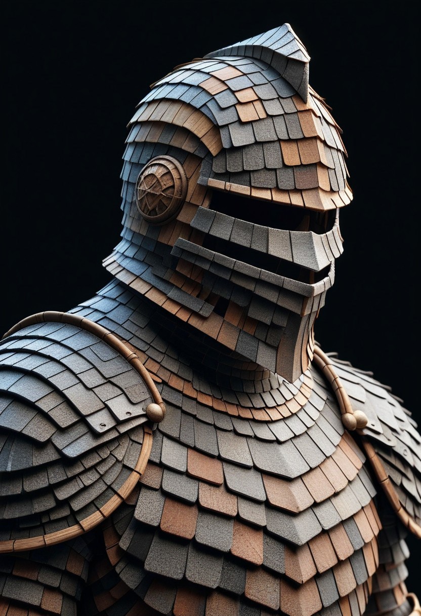 detailed, realistic, 8k uhd, high quality, masterpiece, mad-shingles, knight, knight armor made of shingles, helmet, black background