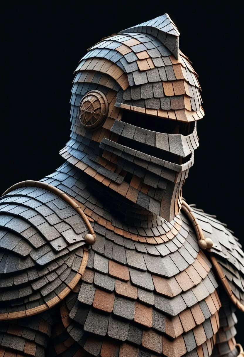 detailed, realistic, 8k uhd, high quality, masterpiece, mad-shingles, knight, knight armor made of shingles, helmet, black background