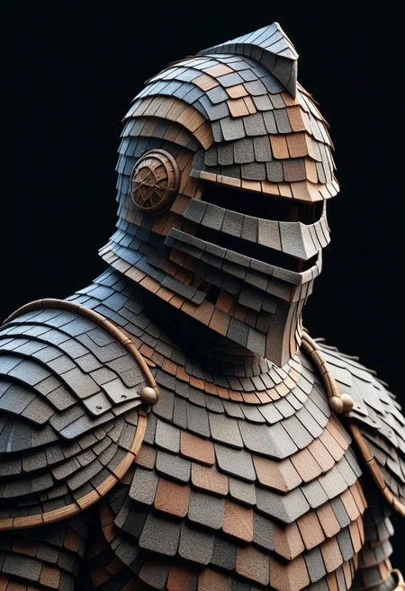 detailed, realistic, 8k uhd, high quality, masterpiece, mad-shingles, knight, knight armor made of shingles, helmet, black background