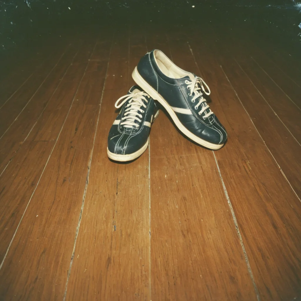 polaroid film photography, faded film, soft focus, vintage bowling shoes