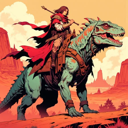 intricate linework with expressive contrasts, soft lighting with dynamic highlights, In the style of ff-td, red desert with dunes in background, a huge lizard with vibrant coloring being ridden by a human,