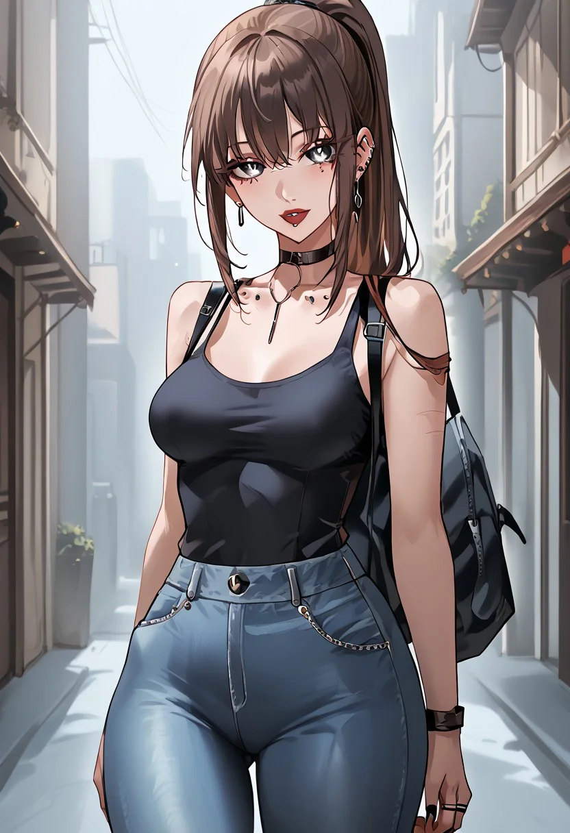 score_9, score_8_up, score_7_up, score_6_up, 1girl, expulse, medium hair, side-swepped bangs, brown hair, purple streaks, ponytail, BREAK, grey eyes, short neck, gorgeous lips, ear piercings, BREAK, medium breasts, pale skin, BREAK, solo, alone, black tanktop, tight jeans, sexy gal, no make-up (masterpiece:1.2), best quality, high resolution, unity 8k wallpaper, (illustration:0.8), (beautiful detailed eyes:1.6), extremely detailed face, perfect lighting, extremely detailed CG, (perfect hands, perfect anatomy),