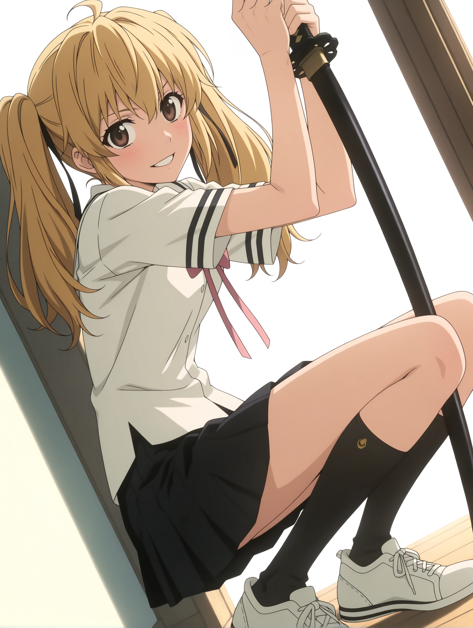 masterpiece,best quality,newest,
1girl,solo,
anime screencap,<lora:s_raimei_ilxl_v1.0:1>,s_raimei,blonde hair,hair bow,twintails,brown eyes,
r_clothes,serafuku,ribbon tie,white shirt,black pleated skirt,black kneehighs,sneakers,
r_katana,
<lora:Fixhands_anime_bdsqlsz_V1:1>,white_background,simple_background,holding,squatting,ready to draw,holding_sheath,dynamic_angle,cinematic_angle,light_blush,grin,looking_at_viewer,
