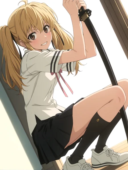 masterpiece,best quality,newest,
1girl,solo,
anime screencap,<lora:s_raimei_ilxl_v1.0:1>,s_raimei,blonde hair,hair bow,twintails,brown eyes,
r_clothes,serafuku,ribbon tie,white shirt,black pleated skirt,black kneehighs,sneakers,
r_katana,
<lora:Fixhands_anime_bdsqlsz_V1:1>,white_background,simple_background,holding,squatting,ready to draw,holding_sheath,dynamic_angle,cinematic_angle,light_blush,grin,looking_at_viewer,