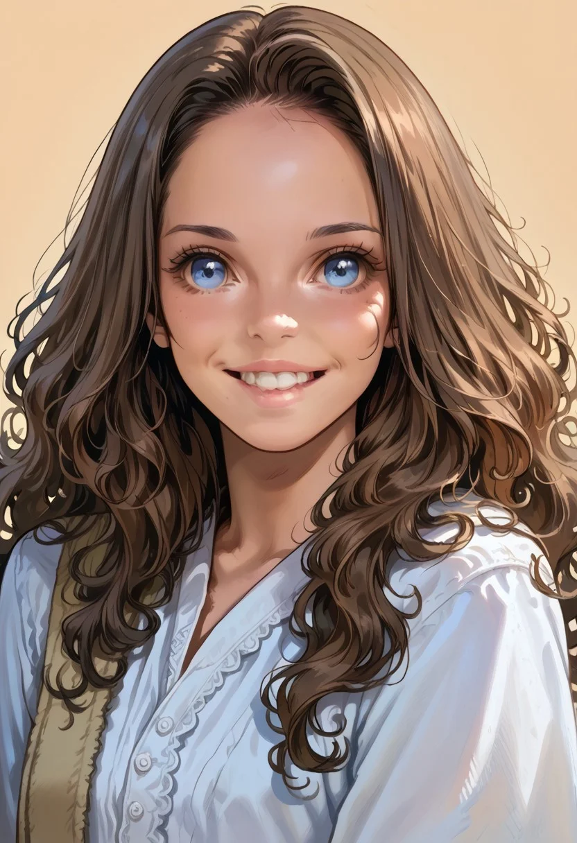 score_9, score_8_up, score_7_up, 1girl, solo, long hair, smile, brown hair, blue eyes, looking at viewer, grin, teeth, upper body, wavy hair, realistic, lips,(portrait:1.2),s1n0p0p