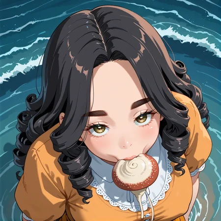 PonyScores7, source_anime, ah1, IllustriousQual, <lora:natsumi_style:0.5>, <lora:by_usakun-pony:0.4> by usakun, <lora:Akina_Bbw_Style_-_PonyXL:0.2> AkinBw, (zoom_out:1.8), ((from above) (from back) view medium, focus on waist), 1girl, mature female, (round face:1.2), (thick eyebrows:1.3), (curvy), round-chin, caucasian, (plump face), <lora:Round_face:0.2>, <lora:ETO_OCPonyXL:0.3> eto_oc, skindentation, (plump), thick thighs, wide hips, busty, voluptuous, lips, <lora:venus body PonyXL:0.3>, <lora:shinyskin2:0.2> glistening skin,  (((curly hair), long hair, (black hair:1.4), (parted hair:1.7), messy hair, kinky curls, <lora:hairdetailpxl:0.2> hairdetailpxl)), ((half green and brown eyes), (colorful eyes), (multicolored eyes), (downturned eyes:1.4), <lora:expressive eyes:0.2> expressive eyes, <lora:eyedetailpxl:0.2> eyedetailpxl, <lora:Eyes_High_Definition:0.2> EyesHD), ((fear face expression,  <lora:Expressive_H:0.2> Expressiveh, <lora:Emotional_Anime_Expressions_PonyXL_Concept:0.2> emotional, <lora:Best_Facial_Expression_LoRA_PONY:0.2>, looking at viewer, <lora:Detailed expressive EXEV style -XL Pony V1.0:0.2> FaceDetail)), ((eating Portobello Mushroom)), yellow and Orange Gown with a Velvet Trim, (((river with rapids, white water rushing past boulders, waves, shores))), <lora:xl_more_art-full_v1:0.2>, <lora:aesthetic_anime_v1s:0.2>, <lora:EpicF4nta5yXL:0.2>, <lora:detailxl:0.2> detailxl, <lora:Fant5yP0ny:0.2>, best quality, amazing quality, best aesthetic, absurdres, illustration, Volumetric_Lighting, ultra-detailed, very aesthetic, intricate details, 8k, masterpiece, best_quality, Stable_Yogis_PDXL_Positives, AS-Adult, <lora:Complicated fantasy portrait - XL Pony V2.0:0.2>, bad-hands-5, <lora:HDA_Detailer:0.3>, HDA_FatGirlXL