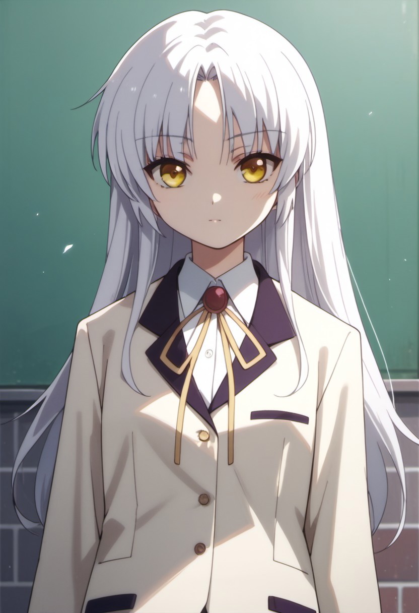 score_9, score_8_up, score_7_up, source_anime, tachibana kanade, white hair, long hair, yellow eyes, 1girl, solo, school uniform, jacket, blazer, looking at viewer, ribbon