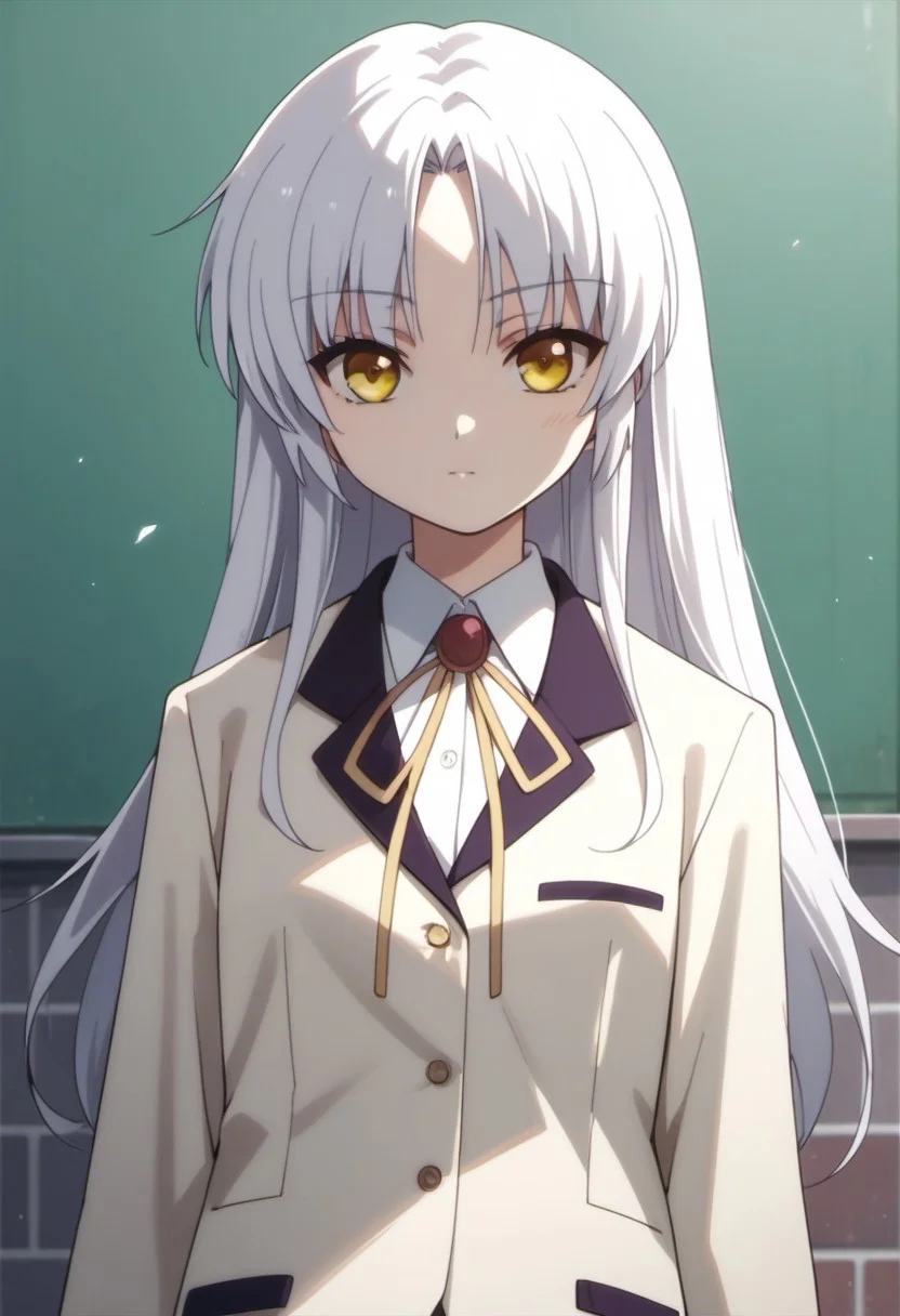 score_9, score_8_up, score_7_up, source_anime, tachibana kanade, white hair, long hair, yellow eyes, 1girl, solo, school uniform, jacket, blazer, looking at viewer, ribbon
