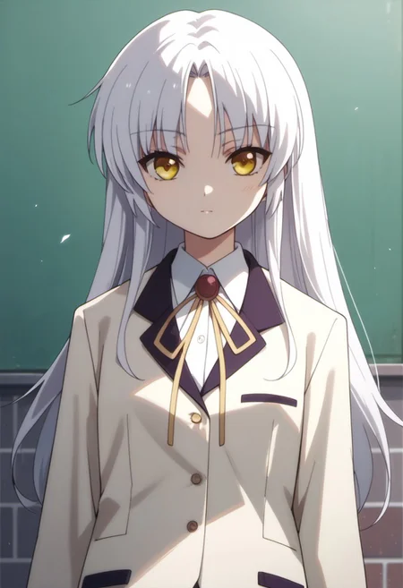 score_9, score_8_up, score_7_up, source_anime, tachibana kanade, white hair, long hair, yellow eyes, 1girl, solo, school uniform, jacket, blazer, looking at viewer, ribbon
