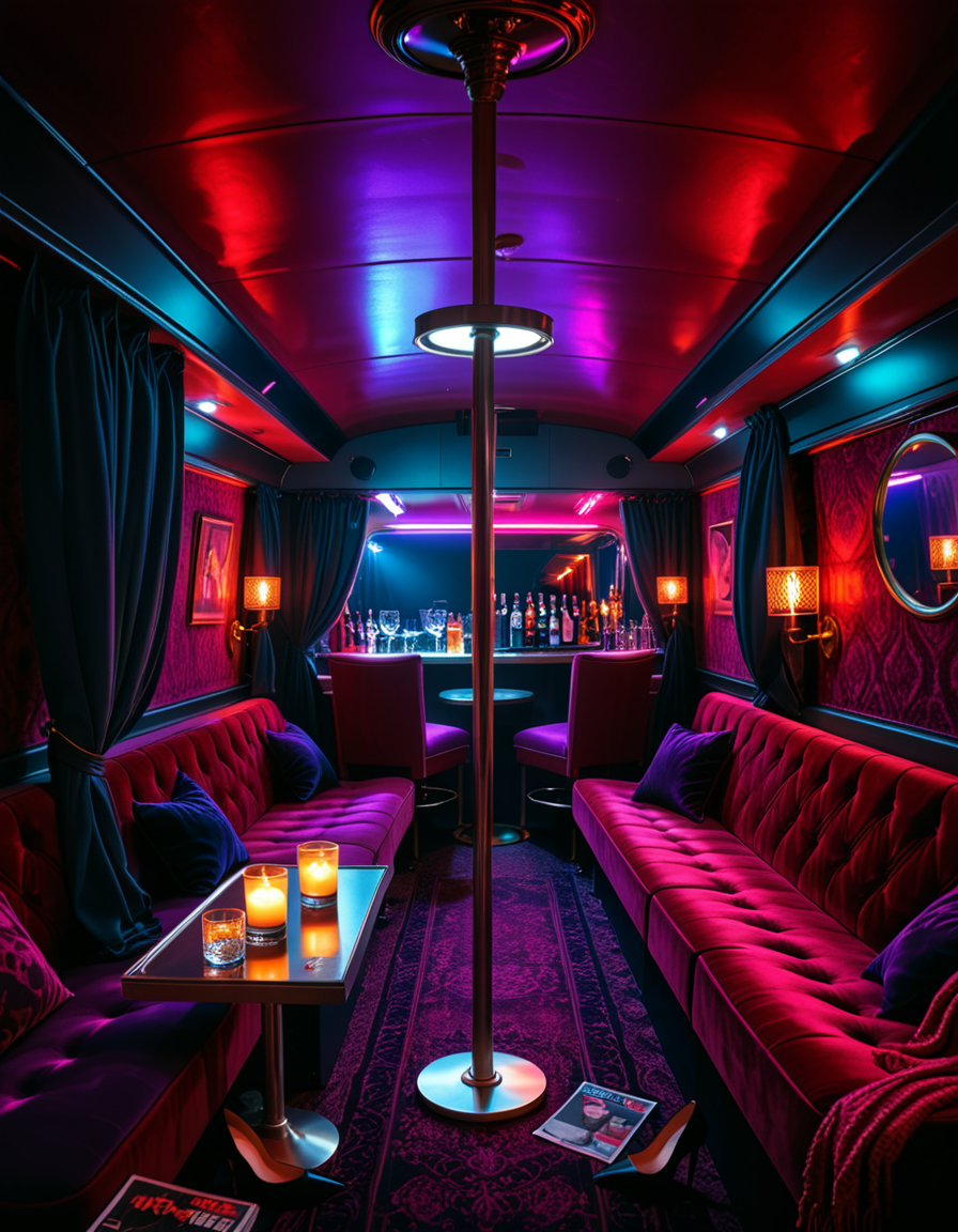 The interior of an old RV transformed into a mysterious, shady lounge with a moody and dimly lit atmosphere. The space is filled with deep red and purple lighting, creating a sultry neon glow. In the center stands a chrome pole mounted to the ceiling and floor, surrounded by plush velvet seats and low tables with half-empty glasses and flickering candles. The walls are lined with heavy curtains and faded wallpaper, giving a vintage and secretive vibe. A small bar area in the back holds various bottles and glasses, with a mirror backsplash reflecting the dim lights. The floor is covered in worn carpets and scattered with high heels, scarves, and old magazines. Subtle details hint at an underground lifestyle, without showing anything explicit. The overall ambiance is smoky, intimate, and cinematic. Highly detailed, noir-inspired, low-key lighting, retro-modern fusion style.
<lora:SDXLFaeTastic2400:0.4> <lora:extremely_detailed:0.4> extremely detailed<lora:4dult_rv:1>,4dult rv, Masterpiece,best quality,hi res,8k,hi res,8k,award winning,(sharp focus, intricate, highly detailed),
