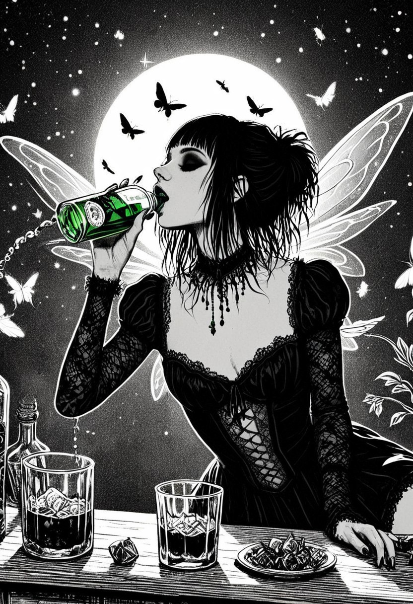 gothic, digital illustration, flat colors, line art, black and white, pretty 18 year old goth girl drinking Absinth, small luminous fairies fly above her, intoxicated, sexy, creative angle,