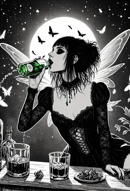 gothic, digital illustration, flat colors, line art, black and white, pretty 18 year old goth girl drinking Absinth, small luminous fairies fly above her, intoxicated, sexy, creative angle,