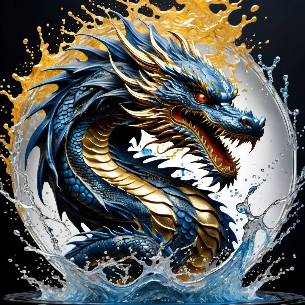 Japanese fire dragon cast in metal, round symbol, gold, blue, black, white, transparent water splashes, Eerie, unsettling, dark, spooky, suspenseful, grim, highly detailed, dark background