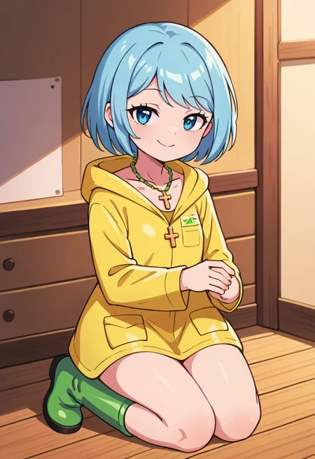 score_9, score_8_up, score_7_up, BREAK
highres, highly detailed, high resolution, high quality,
source_anime, anime screencap, saturation, vivid colors,
1girl, solo, luce, full body,
light blue hair, big dark blue eyes, short hair, cute,
(long yellow raincoat:1.1), green rubber boots,
cross necklace,
squinting eyes, half-closed eyes, smile, naughty face, closed mouth, looking at viewer,
a girl holding a cross in her one hand, on knees, kneeling, sitting, holding, holding cross, outstretched arm, offers cross,
pikaole, cute, bokeh,
room background, wooden chest,
(side view:0.5), (high angle:0.7),