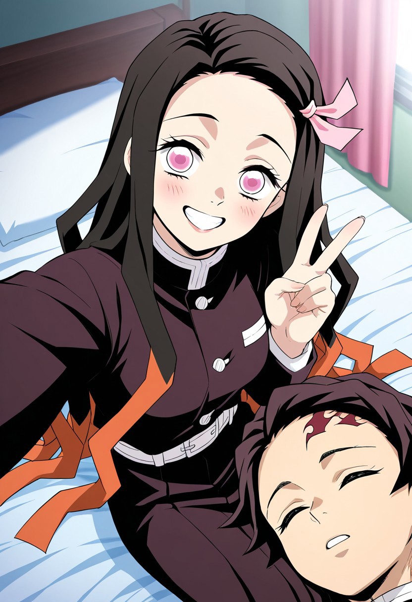 masterpiece, best quality, amazing quality, very aesthetic, absurdres, newest, atmospheric perspective, anime style, official style 
1girl, nezuko, \Kimetsu no Yaiba\, dark long hair, pink hair ribbon, pink eyes, smile with teeth, v, selfie, only face, 1boy, Tanjiro, \Kimetsu no Yaiba\,in bed, sleep, brown hair, bedroom), top view