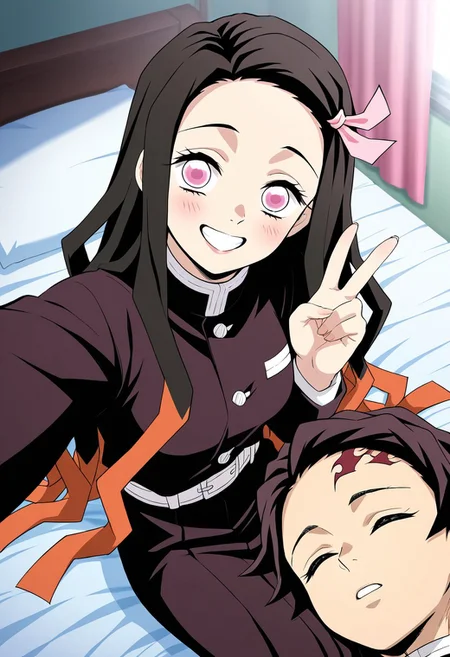 masterpiece, best quality, amazing quality, very aesthetic, absurdres, newest, atmospheric perspective, anime style, official style 
1girl, nezuko, \Kimetsu no Yaiba\, dark long hair, pink hair ribbon, pink eyes, smile with teeth, v, selfie, only face, 1boy, Tanjiro, \Kimetsu no Yaiba\,in bed, sleep, brown hair, bedroom), top view