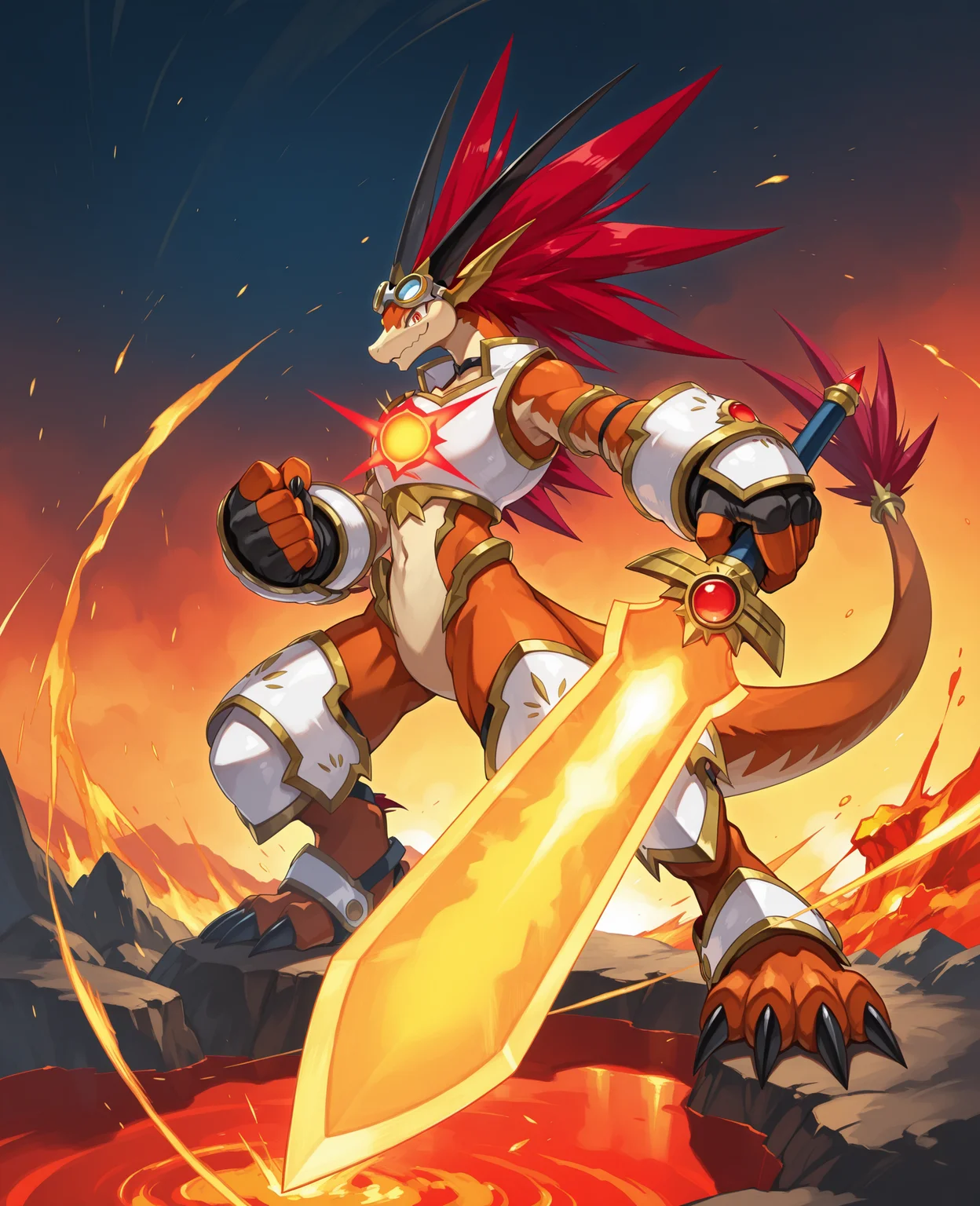 2d, male, Bal Dragon, solo, no human, dragon, dynamic tail pose, red eyes, medium red hair, long horns, armor, claws, wearing white goggles backward, holding a flaming sword, standing heroically, fire rising around him, lava in the background,
BREAK standing, closed mouth, smile, full body, outdoors, closed-up,
BREAK best quality, amazing quality, very aesthetic, absurdres, newest, masterpiece, detailed eyes,