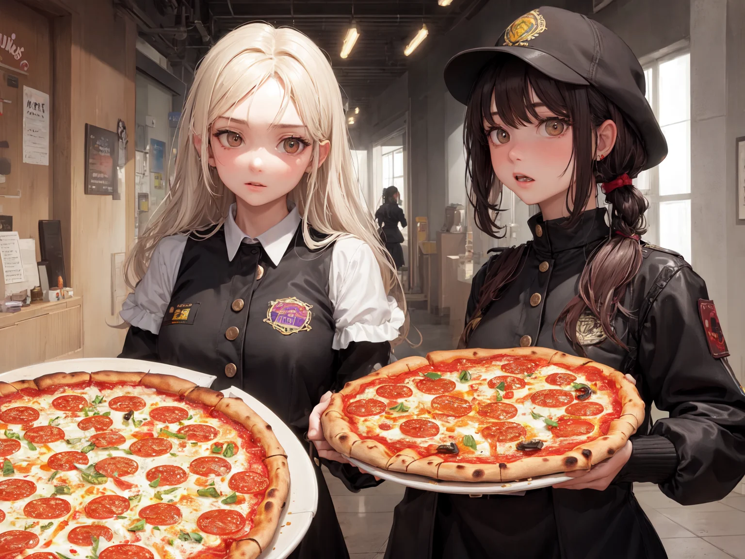 masterpiece, best quality, 2girls, pizza museum heist