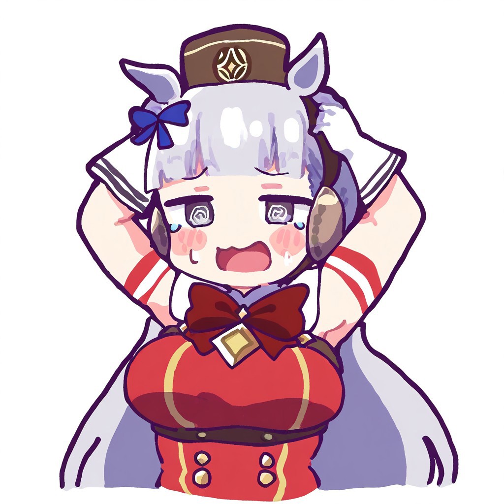 (mytestburuaka, chibi:1.4), (blush stickers, blush), umamusume, gold ship \(umamusume\), 1girl, @ @, animal ears, arm strap, armpits, arms up, blue bow, blunt bangs, blush, bow, bowtie, breasts, dress, ear bow, gloves, grey eyes, grey hair, hat, horse ears, horse girl, large breasts, long hair, open mouth, pillbox hat, red bow, red bowtie, red dress, red hat, sleeveless, sleeveless dress, smile, solo, sweatdrop, teardrop, very long hair, white gloves, (masterpiece, best quality, absurdres, highres, newest:1.2), very awa,