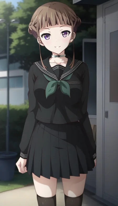 score_9,score_8_up,score_7_up,score_6_up BREAK official art,solo,outdoors,cowboy shot,looking at viewer,facing viewer,smile,blush,Manaka Nemu,brown hair,short hair,single hair bun,french braid,sidelocks,blunt bangs,purple eyes,choker,collarbone,school uniform,black sailor collar,black shirt,green neckerchief,long sleeves,medium breasts,black skirt,pleated skirt,black thighhighs,loafers,<lora:Manaka Nemu(euphoria)-Pony:1.6>,