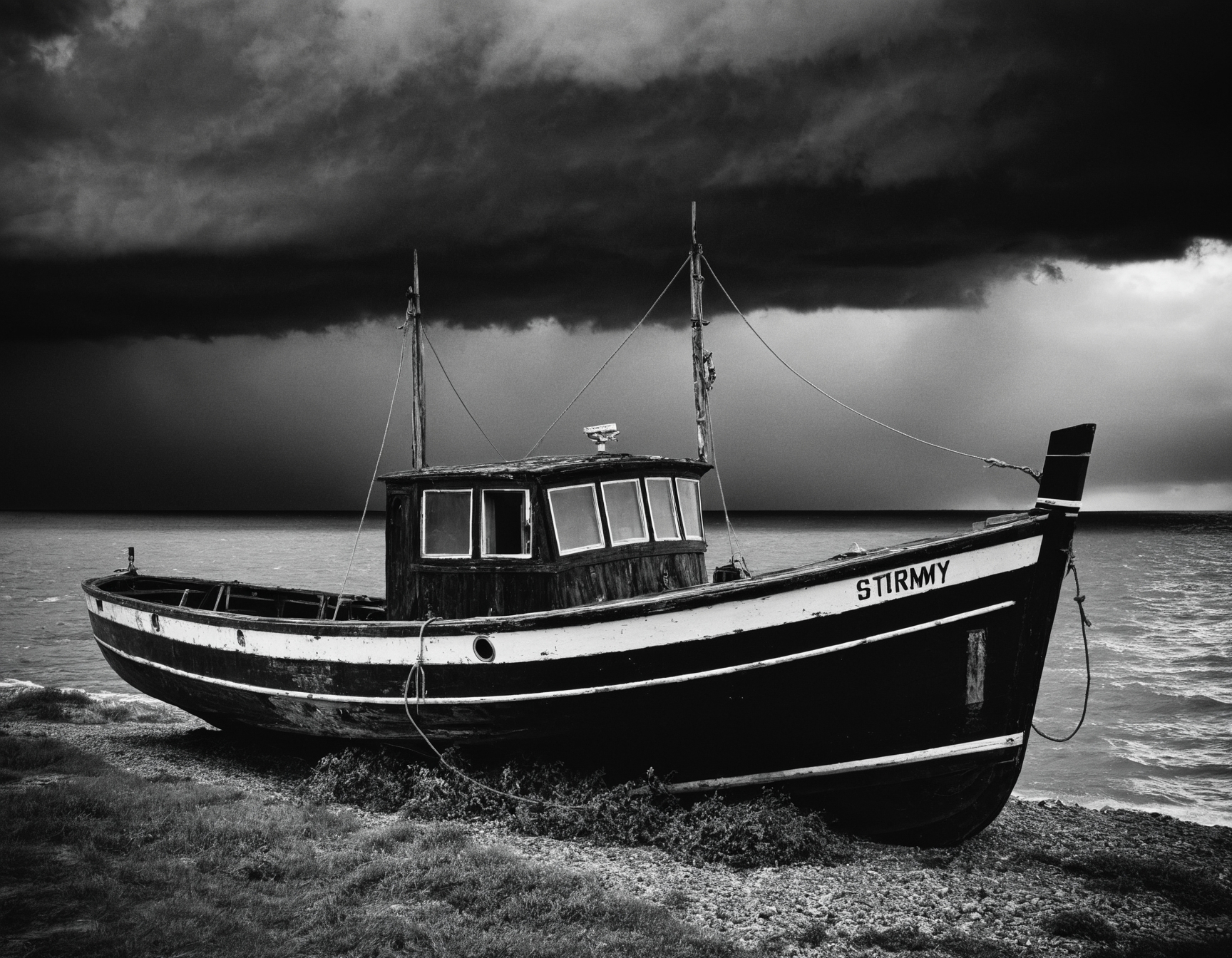 b&w award winning photo of old boat, stormy, high detailed, dark, contrasty, film grain