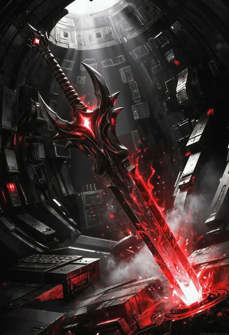 Grimdark fantasy image showing a serrated machine-greatsword channeling the power of forgotten gods lodged in a glowing crystal. Inside of a mystical futuristic vault, surrounded by various devices. Palpable suspense envelops the scene; black white red color scheme, deep shadows, nightmarish, evil, best quality