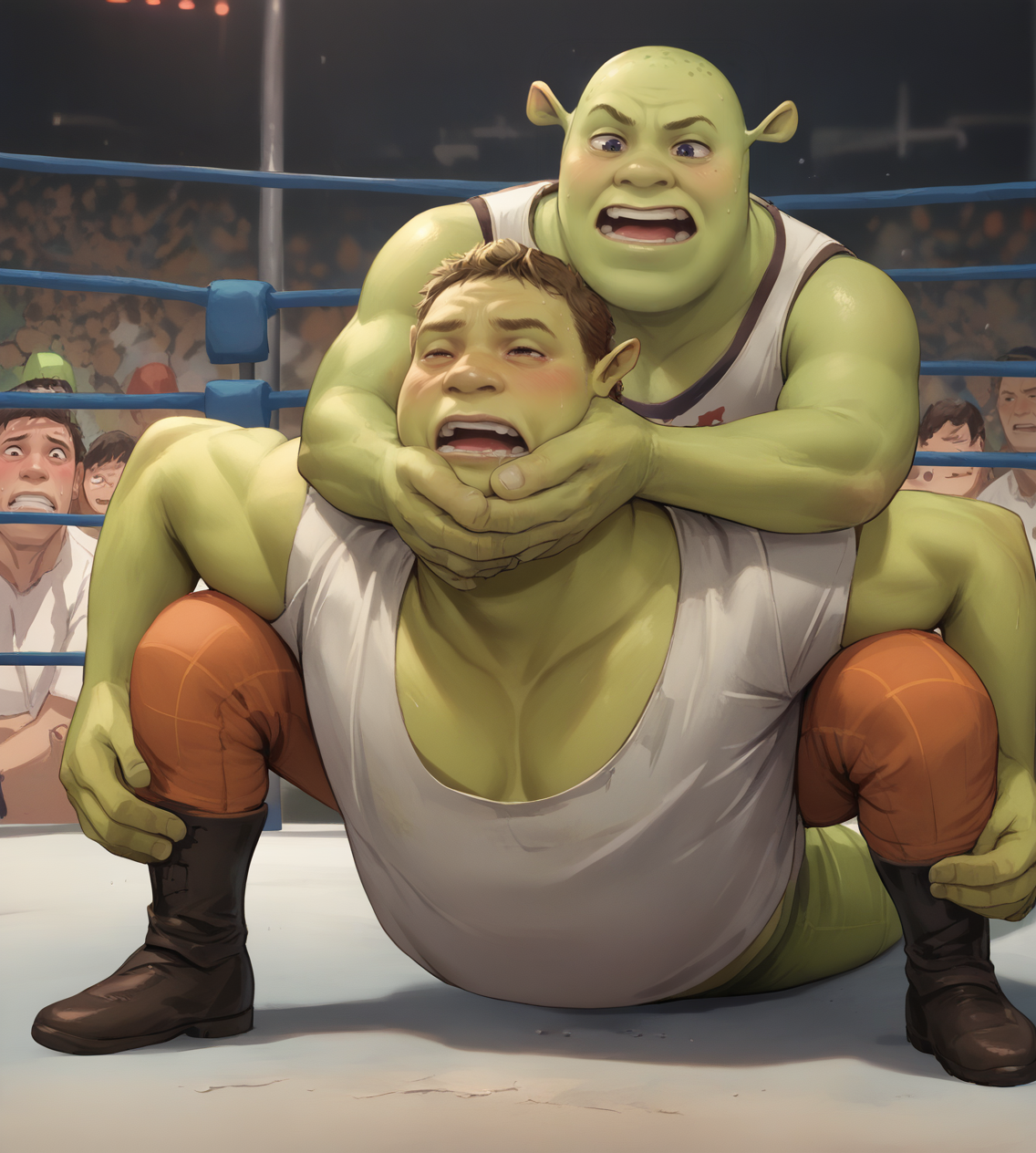 score_9,score_8_up,score_7_up,score_6_up,source anime BREAK,
(2boys:1.3), <lora:Shrek_XLPD:0.5> shrek, green skin,
camel clutch, wrestling, on stomach, strangling, squatting,
<lora:camel_clutch-000013:1.0>