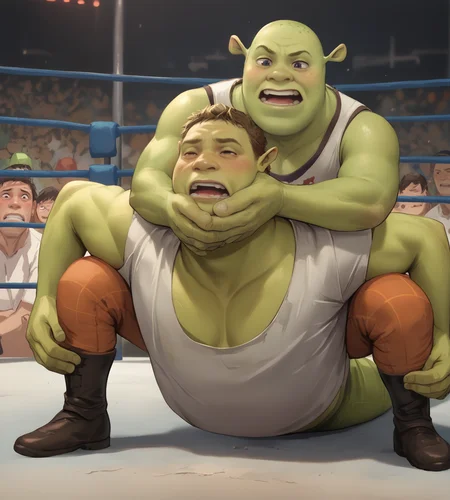 score_9,score_8_up,score_7_up,score_6_up,source anime BREAK,
(2boys:1.3), <lora:Shrek_XLPD:0.5> shrek, green skin,
camel clutch, wrestling, on stomach, strangling, squatting,
<lora:camel_clutch-000013:1.0>