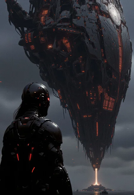 concept art, female cyborg wearing a mask and a visor, black sci-fi clothes, looking at the camera, eye contact, futuristic, a_skynet_cyberdyne_systems_craft, the image is featuring a fractal shaped Artemis Station spaceport megastructure of a Colossal scale in background, dark metallic surfaces glistening with condensation from the mist, red glowing diodes and lights. The camera is set at ground level, looking up at the overwhelming scale of the station, action packed, interesting composition, cinematic, dramatic lighting, dark overcast sky, scifi planet. perfect focus, depth of field the view from afar