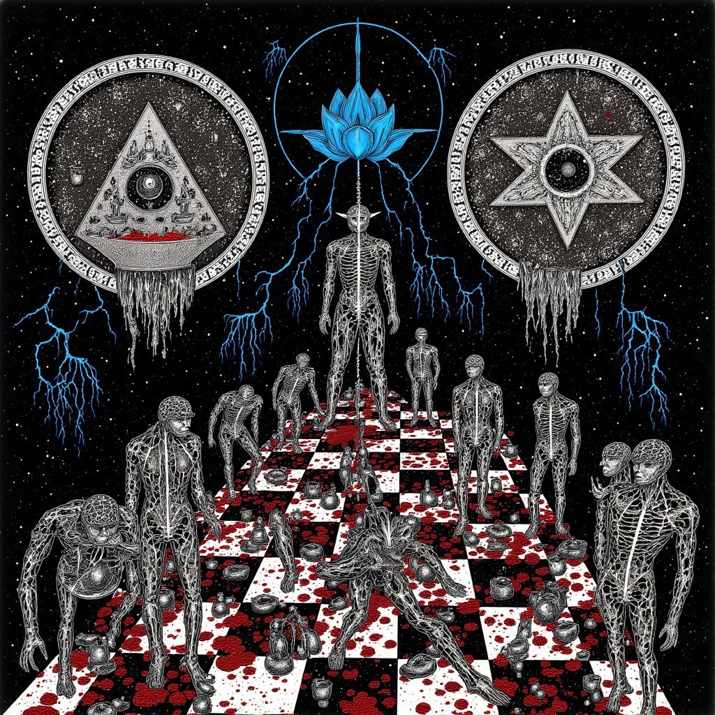 weird man with in a dark room with checkerboard blue lotus PEOPLE ARE trapped inside machinery, people crushed inside mechanical gears, arms crushed and bent, signs of wailing, people in business suits trapped in machinery. floors with blood on the ground with a white interior cyber tech electricity electical circuits illuminati symbols with brains and vaginas with high technology alchemical background lightning bolts